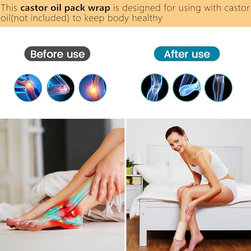 VonTeok 2 Pack Reusable Castor Oil Pack Wrap for Knee Elbow Joints Arm Thigh, Organic Cotton Castor Oil Compress Pads Wraps with Adjustable Elastic Strap, Waterproof & Anti Oil Leak