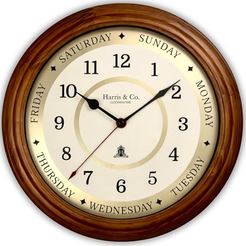 Image of HARRIS & CO. CLOCKMASTERS Luxury Wooden Time & Weekday Wall Clock, Weekly Analog Clock with Days, Hours & Minutes Markers, HD Clear Glass with Silent Sweep Noiseless (14 Inch) Model-Daybrook Road