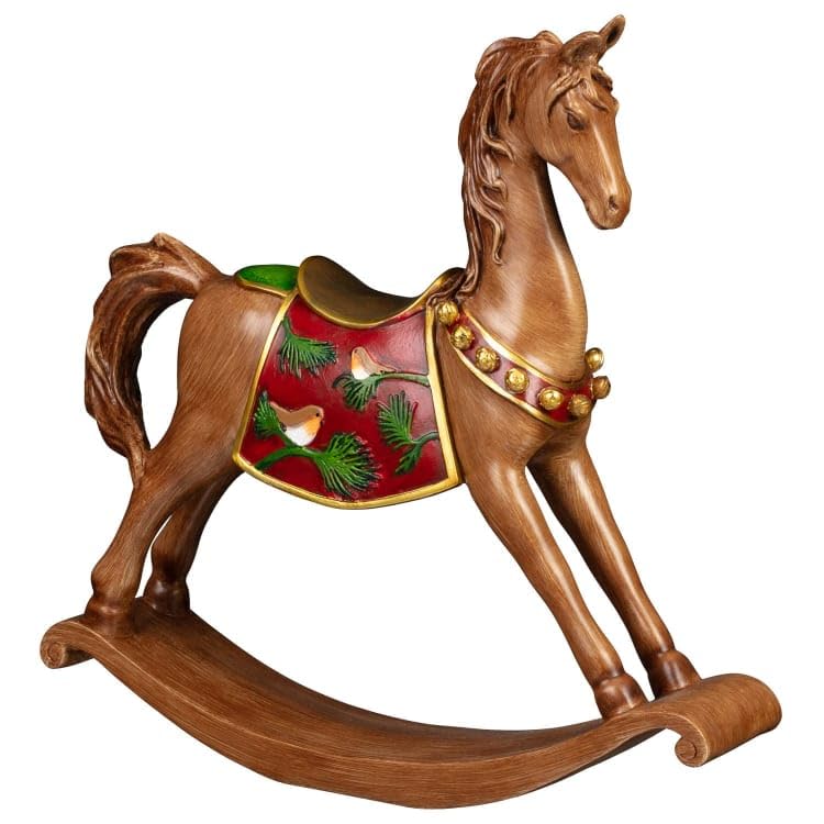 New Vintage-Style Wooden Rocking Horse 31cm with Decorative Red Saddle and Christmas Foliage, Ideal for Hallways, Living Rooms & Seasonal Displays -A51