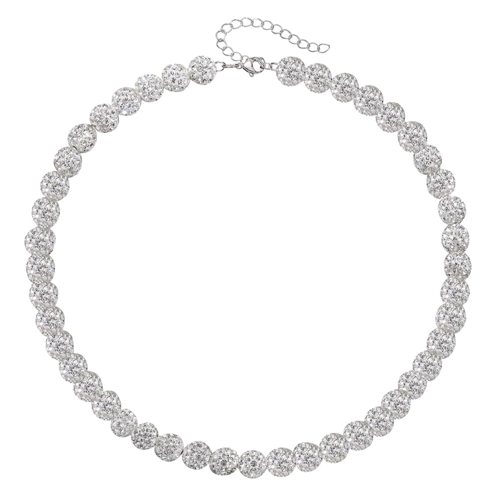 HugeDE Baseball Bead Necklace Bling Rhinestone Necklace Unisex Sparkle Necklace Diamond Rhinestone Ball Necklace Glitter Beaded Necklace White
