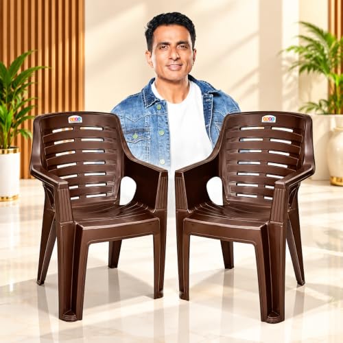 AVRO FURNITURE Plastic Chair with Armrest for Home | 3 Year Warranty | Heavy Duty Chair for Office & Outdoor, Living Room, Dining, Balcony, Ergonomic and Stackable, 150 Kg Capacity - Set of 2 (Brown)