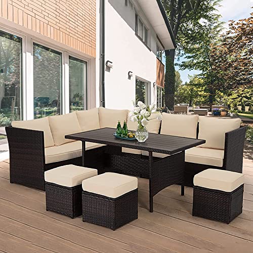 Image of DEVOKO 6-pcs Conversation Wicker Sofa Wooden top Dining Table, Outdoor Patio Furniture Set with Cushions for Garden, Poolside, Balcony (Dark Brown and Cream)