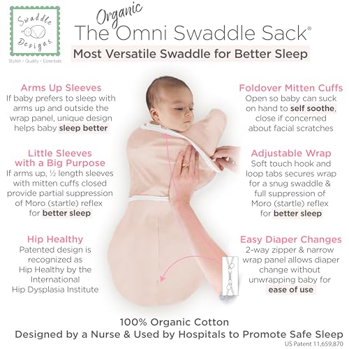 Image of SwaddleDesigns Organic 6-Way Omni Swaddle Sack w /Wrap, Soft Pink, 12-18 lb