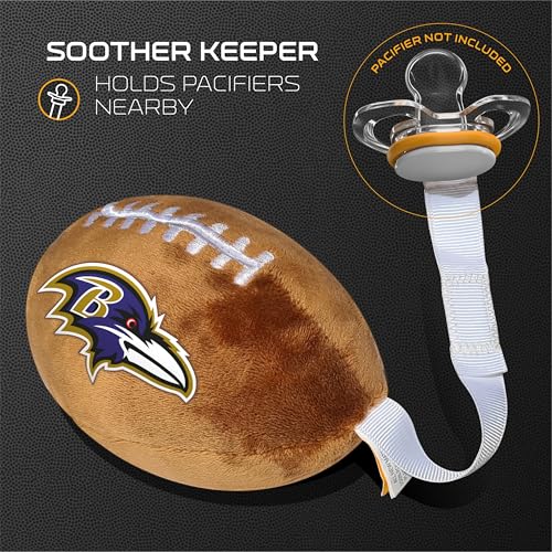 Image of Baltimore Ravens Plush Football Pacifier Holder by Smilo - Officially Licensed NFL Soother Holder - Soft Plush Toy and Dummy Holder - Fits Any Pacifier - Stroller Accessory & Newborn Essential