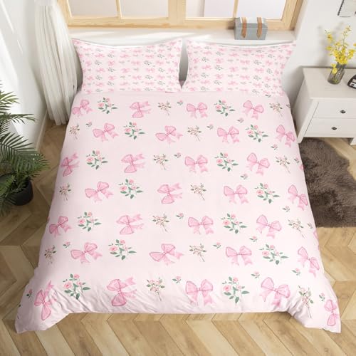 jejeloiu Girls Bow Comforter Cover Toddler Dreamy Princess Bowknot Pink Bedding Set for Kids Women Rose Flower Floral Duvet Cover Kawaii Romantic Room Decor?No Comforter