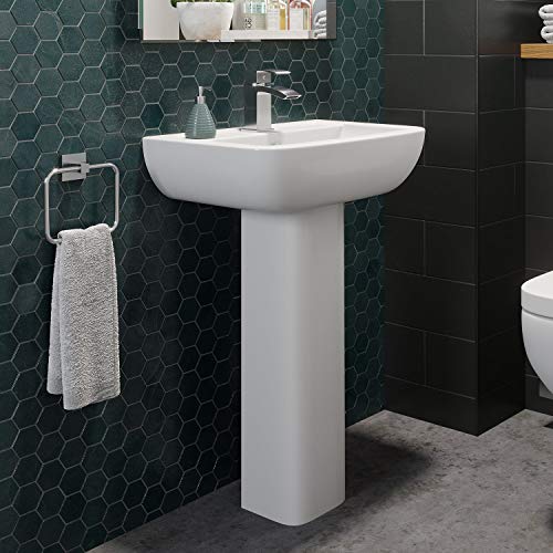 Bathroom Wash Basin Sink Full Pedestal Floor Standing 1 Tap Hole Curved Gloss White Modern