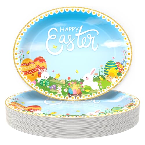 Disposable Easter Paper Plates, 36-Count Large Heavy Duty Oval Dinner Dessert Cake Basket Plates for Party, 10.2 x 12.6 Inch