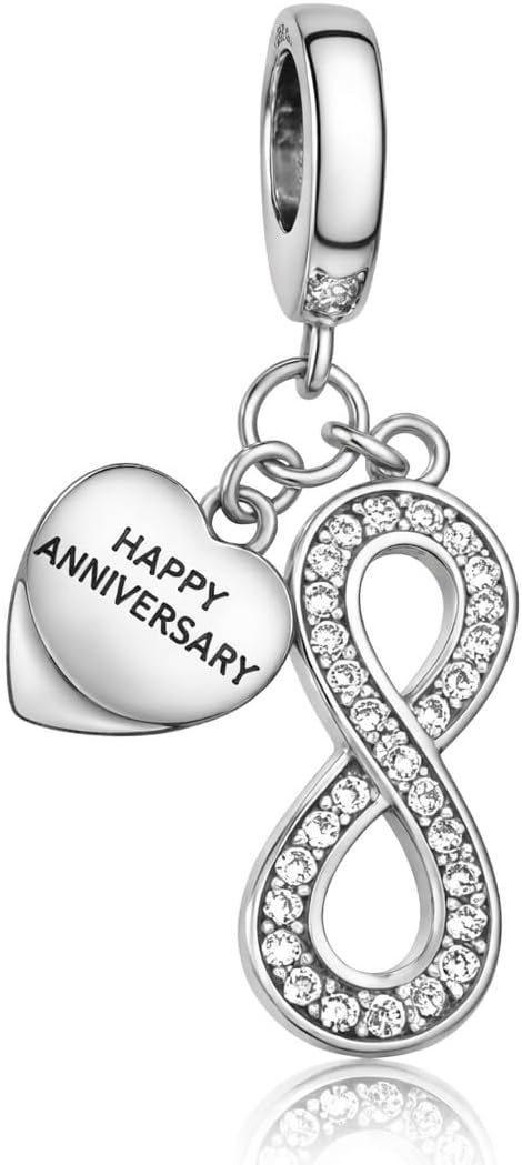 Happy Anniversary Infinity Charm – 925 Sterling Silver & CZ Crystals, Pandora Charms Bracelet Compatible - Forever Love Pendant Gift for Her Wife Girlfriend