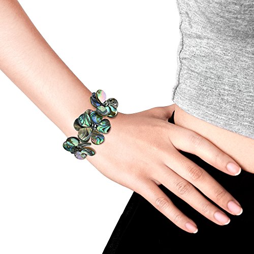 Aeravida Stylish Abalone Shell & Cultured Freshwater Black Pearl Cluster Flower Cuff Bracelet | Classic Sterling Silver Bangle Bracelet | Jewelry Gift #TOP3