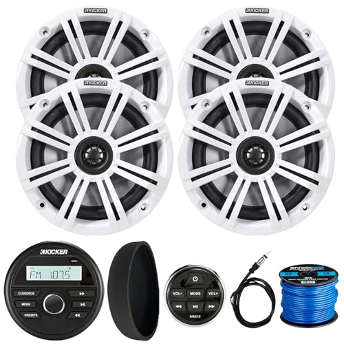 KICKER 46KMC2 Marine Bluetooth All-Weather AM/FM USB/AUX Gauge Style Media Center Receiver W/Black Cover & Remote Control, 4X 6.5 195W Max Power Coaxial Speakers W/White Grille, Antenna, Wire