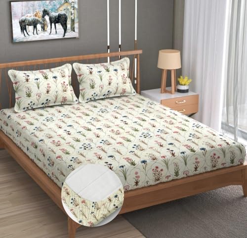 Image of NHD HOME Pure Cotton Full Elastic Fitted Bedsheets for Double King Size Bed with 2 Pillow Covers 220 TC Supersoft |Wrinkel Free Bed Cover Size - 72x78+10 inches, White Pink