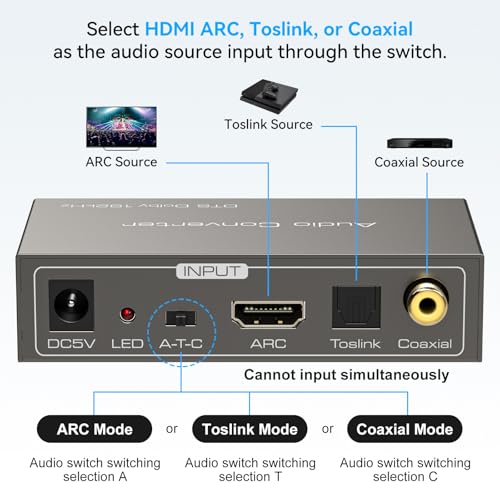 Image of HDMI ARC to RCA Audio Converter 3 in 1 Digital to Analog Audio Converter with Optical Coaxial ARC Input Toslink Coaxial RCA AUX Output Support Dolby DTS LPCM for TV Soundbar Home Theater