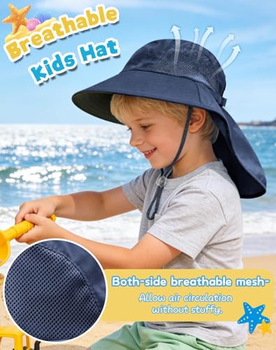 Image of Rosoz Kids Sun Hat with Neck Flap UV Protection Summer Toddler Beach Hat Unisex Ponytail Hat Wide Brim Fishing Hat