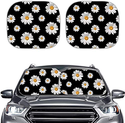 Fashion Daisy Windshield Sun Shade, Flower Designs Auto Car Truck SUV Vehicle Universal-fit Front Windshield Sunshade Pack of 2 Car Front Sun Visor