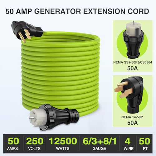 Image of Nilight 50FT 50 Amp Generator Extension Cord 250V Heavy Duty 6 /3+8 /1 Gauge Pure Copper STW Wire ETL Listed 4 Prong 14-50P SS2-50R&CS6364 Suit for RV Camper Outdoor Use Bright Green