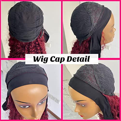 Image of Celiarita Red Burgundy Headband Wigs Human Hair Deep Wave 18 Inch None Lace Front Wigs Curly Human Hair Headband Wig Glueless Machine Made Deep Wave #99J Headband Wig for Black Women 150% Density