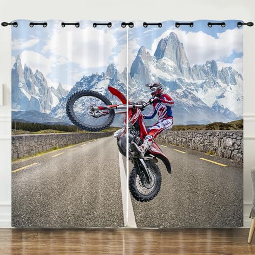 ZZTBQ Motocross Cavalier Lot de 2 Rideau Occultant Thermiques Anti Froid 90x214 (lxH) Montagne Locomotive Moto Double Rideau Isolant Anti-Bruit Économie...
