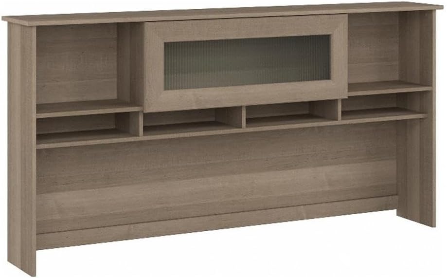 Pemberly Row Modern 72W Desk Hutch, Ash Gray Engineered Wood, Fluted Glass Door, Open Shelves and Cubbies, Transitional Home Office Storage for 72W Desk