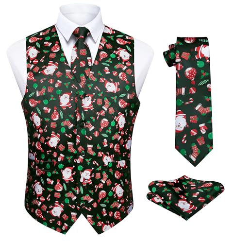 Enlision Herrväst, rolig, julig, festlig, julväst, med glada jultomtar, slips, näsduk, väst set, Svart, XL