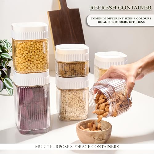 Image of Nayasa Refresh Container Set of 9 | 500ml x 5, 750ml x 2, 1150ml x 2 | Transparent Airtight Plastic Jars | Stackable Kitchen Storage Containers | BPA Free & Reusable | White