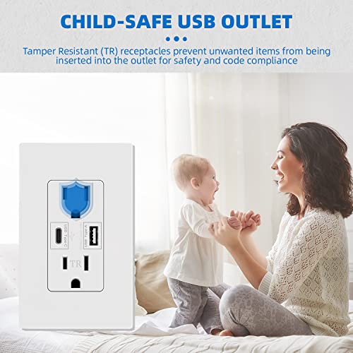 15Amp 24W Type-C Usb Wall Outlet With Power Delivery, And Quick Charge(Qc2.0), Compatible With Iphone Ipad Google Phones, Tamper Resistant, Child Proof Safety, Not For Laptops (Usb C Outlet Pd 1Pack) #TOP2