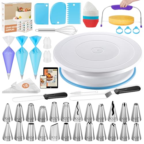 Kootek 140PCs Cake Decorating Supplies Kits with Ebook, Cake Turntable, 50+2 Piping Bags, 50 Disposable Cupcake Liners, 24 Icing Piping Tips, 3 Icing Scrapers, 2 Spatulas, Cake Leveler for Baking