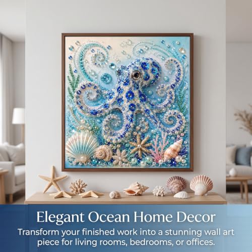 Arte con perlas del océano DIY con marco: obra brillante de ola y pulpo para pared 6