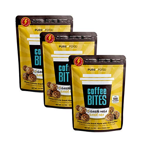 Gluten Free Granola Bites from Pure Food by Estee - Healthy Cereal Mini Granola Bars - Vegan & Kosher Food Snacks - Nut & Allergen Free Cereal Granola + Arabica Coffee, Chocolate Mocha (Pack of 3)