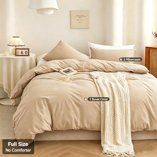 Image of ECOCOTT 100% Washed Cotton Duvet Cover Full Size - Soft & Breathable Linen Feel Bedding Set, 3 Pieces Khaki Comforter Cover with Zipper Closure for All Seasons