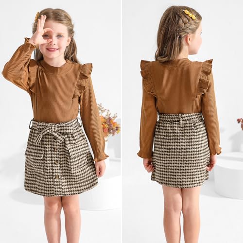 Image of Weixinbuy Toddler Girl Fall Winter Clothes Solid Long Sleeve Ribbed T-Shirt Knit Tops Plaid Button Mini Skirts Set Outfits