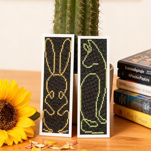 Image of INFUNLY 6pcs Simple Animals Cross Stitch Bookmark Kit for Beginners DIY Abstract Plants Embroidery Bookmark Kits Rabbit Needlepoint Kit with Instruction Easy Cross Stitch Set for Book Lovers Readers