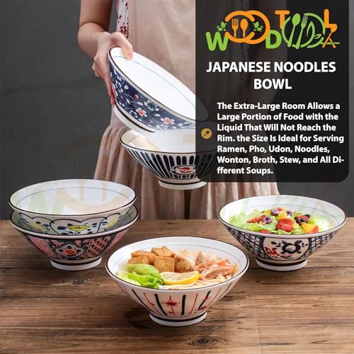 Image of Ramen Bowl 1100 ml Asian Japanese Soup Pho Set Large Noodle Bowl Microwave Safe Ramen Bowl Set (Set of 4)