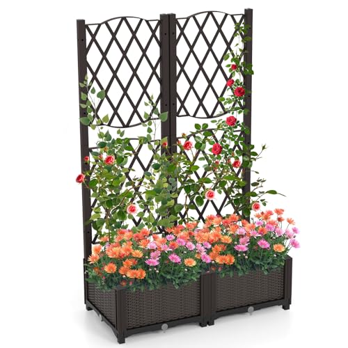 COSTWAY Blumenkasten mit Rankgitter, Pflanzkasten für Kletterpflanzen, Hochbeet mit Spalier, Blumenkübel für Garten Hof Balkon, Gartenspalier Rankkasten mit Selbstbewässerung (80 x 40 x 122 cm)