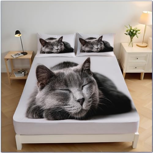 Drap housse imprimé chat gris matelas respirant antidérapant - 2