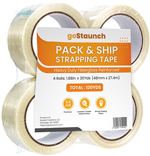 Image of Filament Strapping Tape (1.88 inch x 30 yds, Pack of 4) Transparent 5.5mil Reinforced Fiberglass Tape - Synthetic PET Adhesive Heavy Duty