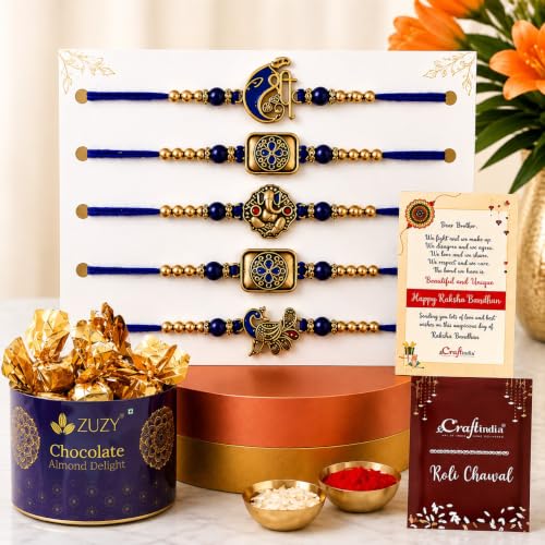 Image of eCraftIndia Set of 5 Rakhi for Brother With Chocolate | Shri Lord Ganesha Peacock Flute Floral Religious Rakhis, Zuzy Almond Chocolate Box, Rakhi with Chocolate Gift | Roli Chawal Pack