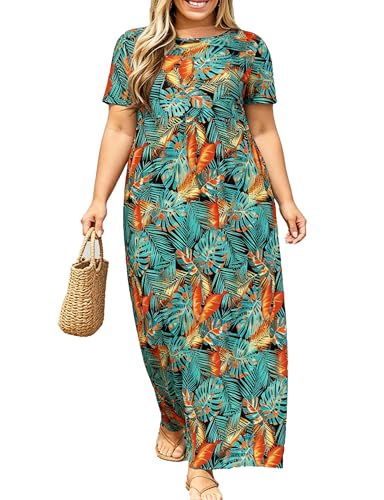 Image of Kancystore Women's Plus Size Maxi Dress with Pockets Summer Dresses XL-5X | Plus Size High Waisted Long Length Beach Dress, Empire Waist Round Neck Casual Dress, Solid Striped Floral Tie Dye Colors