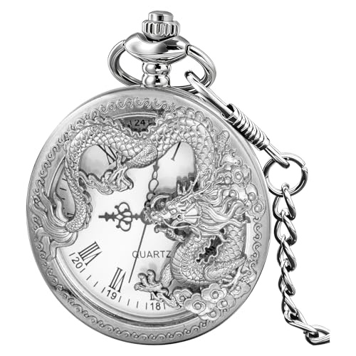 Image of Dragon Design Quartz Pocket Watch Roman Numerals with Chain Birthdays Gifts for Father's Days