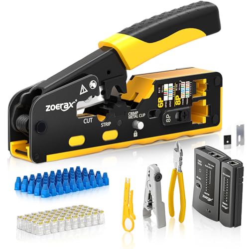 Cat7 RJ45 Crimping Tool, Cat 7 Cat6 Cat5 Pass Through Ethernet Crimping Tool Kit, Network Crimping Tool With Cable Tester, Multiply Stripper, Blades,50Pcs Cat 6 Connectors and Strain Relief Boots