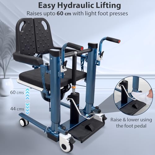 Image of KosmoCare Aluminum Patient Lift & Transfer Wheelchair |Hydraulic Foot Pedal |Split Seat 46 cm for Easy Transfers |Height Adjustable 98-114 cm |100kg Load Capacity |Water-Resistant|Shower-Friendly|Blue