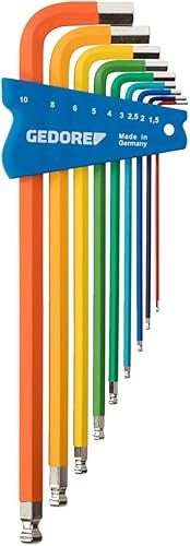 GEDORE Allen Key Set 9 Pieces for Hexagon Socket Screws Coloured with Ball Head SW 1.5-10 mm H 42 CKEL-09