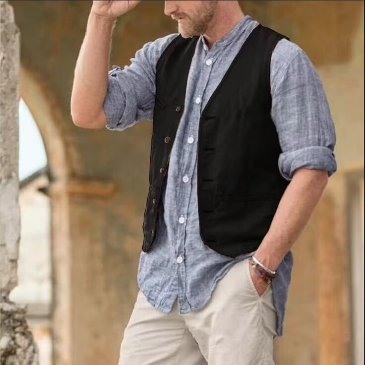 Men's Cotton Linen Suit Vest Regular Fit Vintage Dress Vest Summer Beach Wedding Casual Waistcoat for Party Groomsmen2