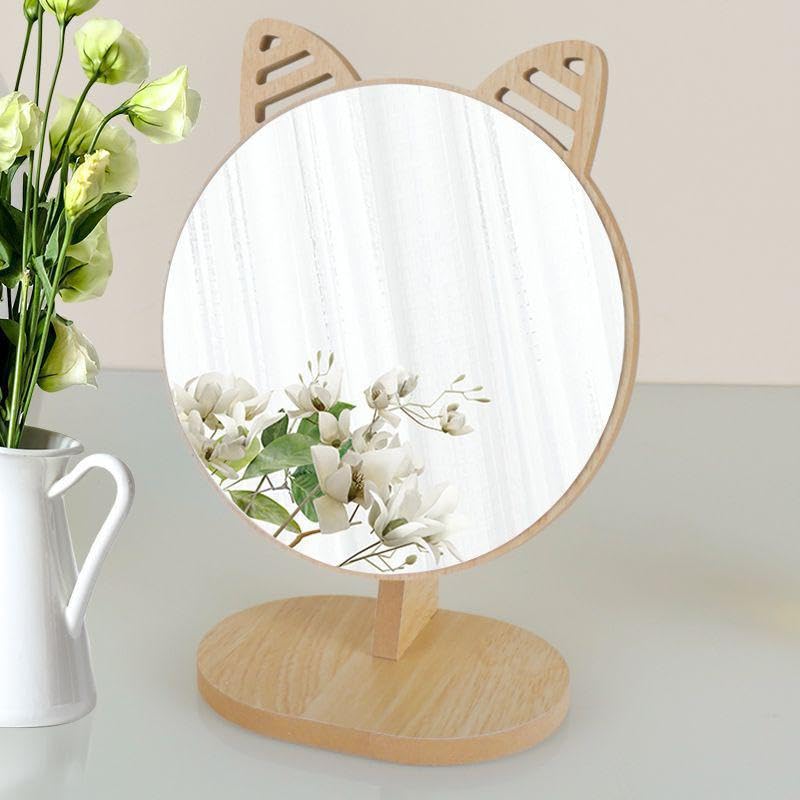 Specchio Da Tavolo Con Supporto Legno A Forma Di Orecchio Di Gatto - Girevole 360°, Per Trucco - Foto 8