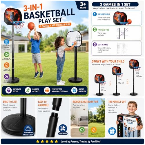 Image of Kidsmate 3-in-1 Basketball Play Set for Kids with Adjustable Basketball Hoop, Tic Tac Toe & Dot Game Board, Basketball Net Stand Indoor Outdoor Toy, Best Gift for Boys & Girls - Multicolor