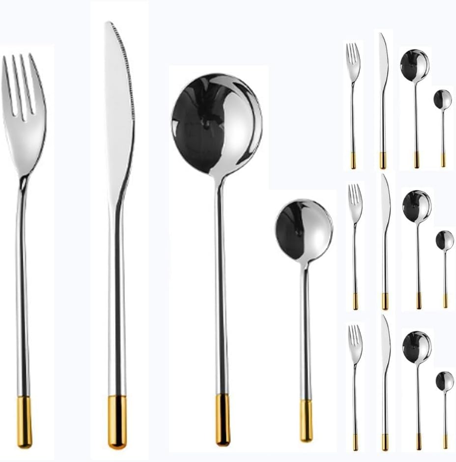Creative Handle Kitchen Stainless Steel Silverware Tableware Flatware Cutlery Knives Forks Spoons Set,Hotel Spoon Dessert Coffee Spoon (Gold,16 pieces)