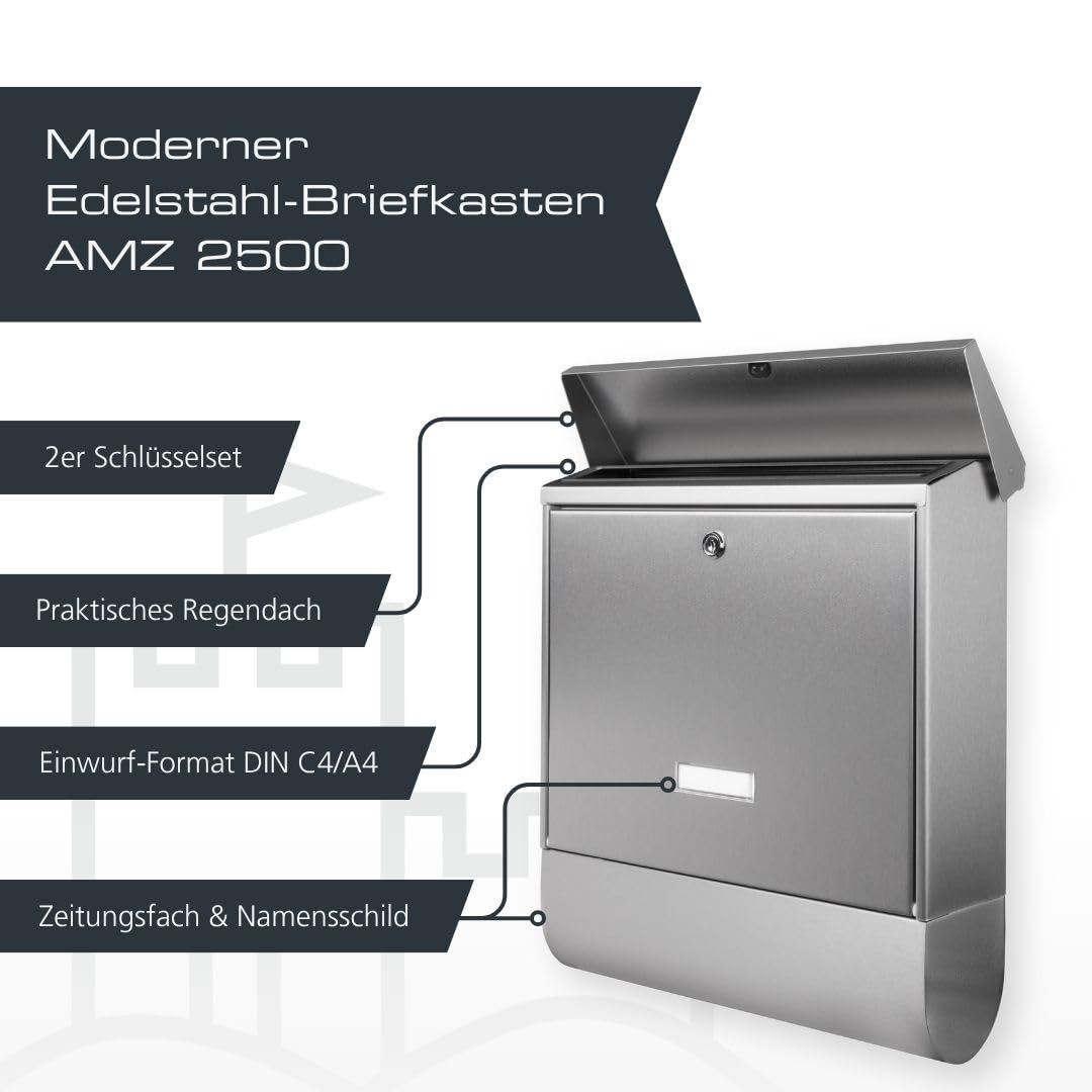 BURG-WÄCHTER Briefkasten mit Zeitungsfach und Namensschild, Rostfreier Edelstahl, Einwurf-Format DIN C4, 2 Schlüssel, AMZ 2500 NI