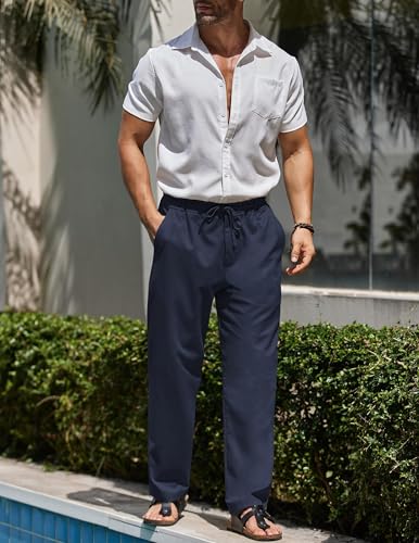 COOFANDY Men's Linen Beach Pants Casual Lightweight Summer Pants Straight Fit Drawstring Linen Pants, Navy Blue, XXXL3