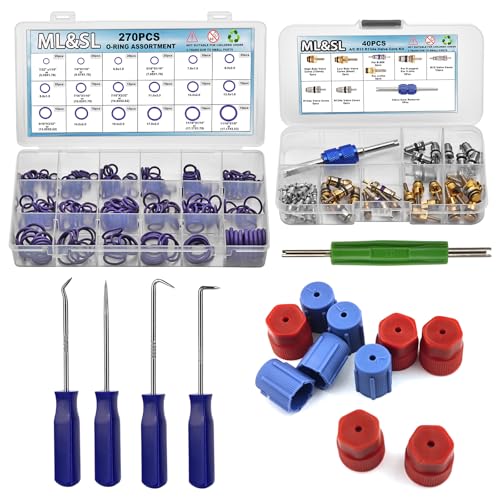 Car A/C Repair Kit, 270PCS Rubber O-Ring Seal Kit + 40PCS Car Air Conditioner Valve Core Kit for R12 R134a A/C with Remover & Install Tool+10pcs R134a AC Valve Caps, Fix Refrigeration System