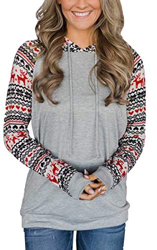 ECOWISH Womens Hoodies-Tops Floral Drawstring Pullovers Casual Long Sleeve Stitching Sweatshirt Light Gray M