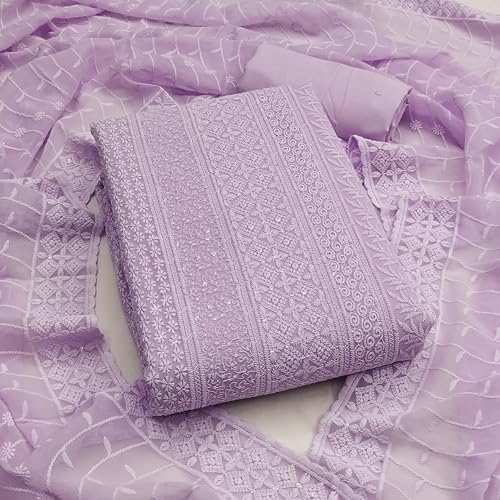 Image of Sidhidata Women's Faux Georgette Full Embroidery Lucknowi Chikankari Schiffli Work Unstitched Salwar Suit Dress Material With Embroidered Dupatta (DM Lucknowi Free Size)